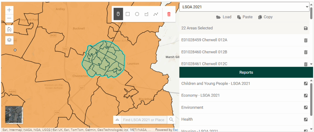 Custom Arear Reporting tool example showing Bicester selected