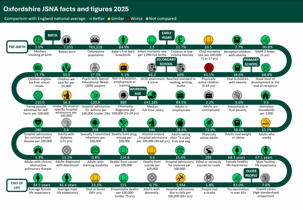 The infographic for the 2025 JSNA, summarising key facts and figures.